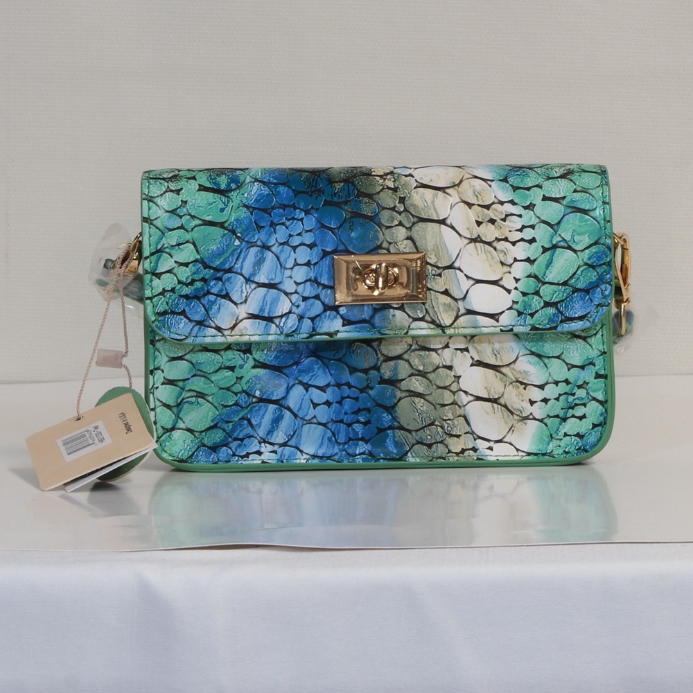 Mellow World Elegant Women's Teal Blue/Green Croc Print Vegan Crossbody Bag